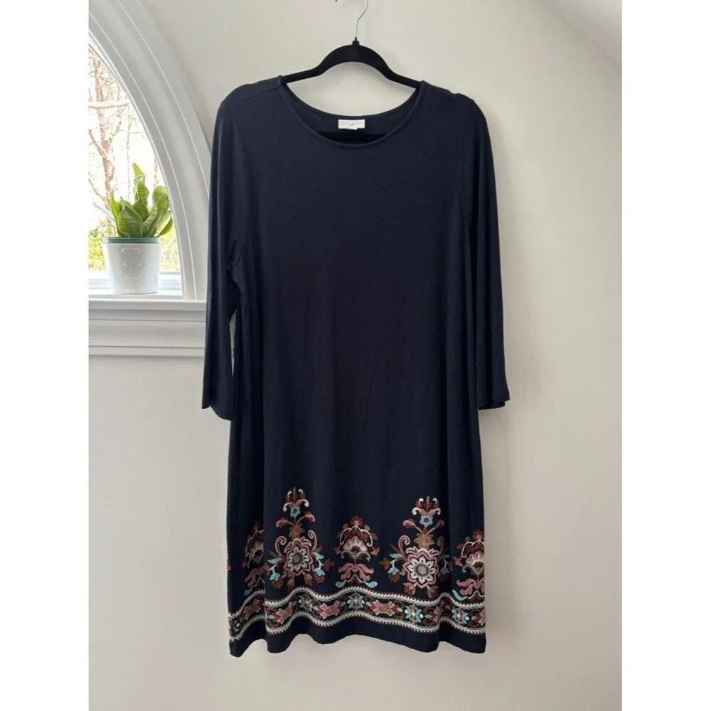 J. Jill Embroidered Floral Long Sleeve Shift Dress L Navy Blue Boho Chic Coastal